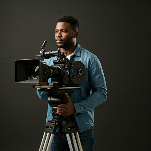Black filmmaker holding a heavy movie camera