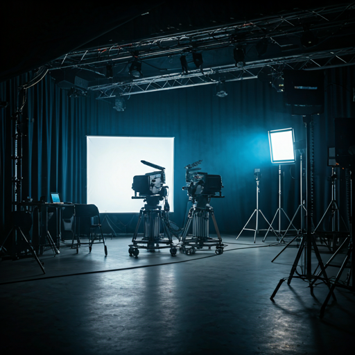 Cinematic view of a movie set with lights