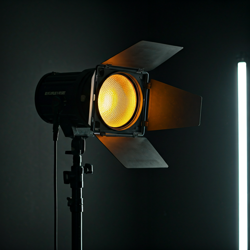 Cinematic lighting setup with gels and softboxes