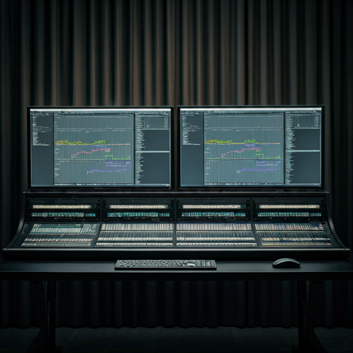 Professional film editing suite with high-end monitors